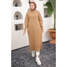 Hafsamina Fermuarlı Uzun Triko Tunik Camel HM2529