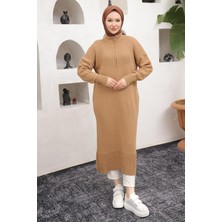 Hafsamina Fermuarlı Uzun Triko Tunik Camel HM2529