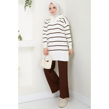 Çizgi Garnili Tunik Pantolon Ikili Triko Takım Kahverengi HM2586