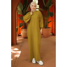 Hafsa Mina Bisiklet Yaka Balon Kol Triko Elbise Yağ Yeşili HM2518