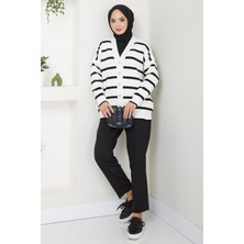 Düğme Detaylı Çizgili Araboy Triko Hırka Beyaz HM2516