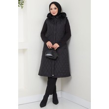 Hafsa Mina Kapüşonlu Kapitone Yelek Siyah HM2539