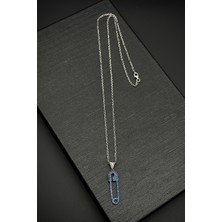 Frnch 925 Ayar Gümüş Çengelli Iğne Model Lacivert Zirkon Taşlı Erkek Kolye FRJ30759-859-L