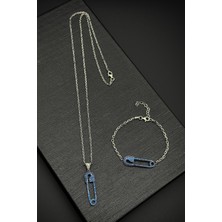 Frnch 925 Ayar Gümüş Çengelli Iğne Model Lacivert Zirkon Taşlı Erkek Bileklik/kolye Set FRJ12196-3196-L2