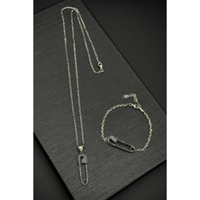 Frnch 925 Ayar Gümüş Çengelli Iğne Model Siyah Zirkon Taşlı Erkek Bileklik/kolye Set FRJ12196-3196-S2