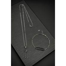 Frnch 925 Ayar Gümüş Çengelli Iğne Model Siyah Zirkon Taşlı Erkek Bileklik/kolye Set FRJ12196-3196-S