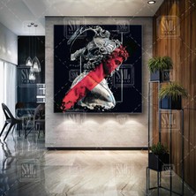 SML Tablo Yunan Mitolojisi Heykeli Kırmızı Detaylı Modern Kare Kanvas Tablo