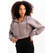 Justever Crop Kapüşonlu Fermuarlı Kanguru Cepli Şardonlu Hoodie Gri Kadın Sweatshirt - Lumen