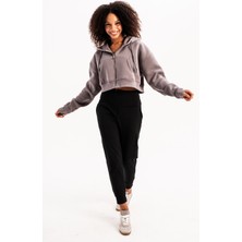 Justever Crop Kapüşonlu Fermuarlı Kanguru Cepli Şardonlu Hoodie Gri Kadın Sweatshirt - Lumen