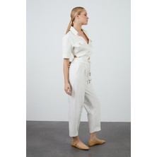 GIZIA Doğal Taş Süslemeli Ekru Crop Bluz