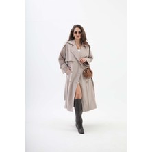 Vapur Tekstil Beli Kuşaklı Allerli  Apoletli Trençkot - Taş