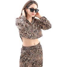 Leopar Desen V Yaka Kısa Saten Gömlek - Siyah