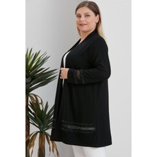 For Esra Bıg Trend Kadın Büyük Beden Kol ve Etek Ucu Güpür Taş Detaylı Ön Açık Örme Midi Boy Esnek Hırka Siyah