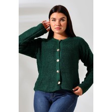 Kadın Bisiklet Yaka Gold Düğmeli Havlu Desenli Şık Triko Hırka