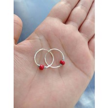 Gümüş Kırmızı Boncuklu Mini Halka Küpe 1,5 cm