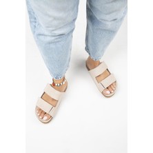 Manijero Vina Kadın Hakiki Deri Çırtlı Bej Terlik