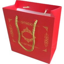 Tahtakale Toptancı Karton Ipsaplı  Çantası Saray Desenli Gold 15x17x8 10 Adet  Kırmızı
