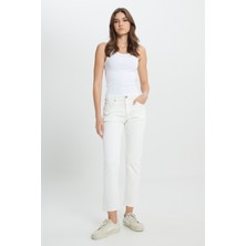 Slim Fit Dar Kesim Normal Bel Dar Paça %100 Pamuk Rider Ekru Jean Kot Pantolon