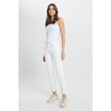 Slim Fit Dar Kesim Normal Bel Dar Paça %100 Pamuk Rider Ekru Jean Kot Pantolon