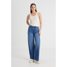 Regular Fit Normal Kesim Yüksek Bel İspanyol Paça %100 Pamuk Stella A Line Mavi Jean Kot Pantolon