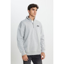 Regular Fit Normal Kesim Dik Yaka Şardonlu Yarım Fermuar Gri Melanj Sweatshirt