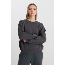 Relaxed Fit Geniş Kesim Bisiklet Yaka %100 Pamuk Antrasit Sweatshirt