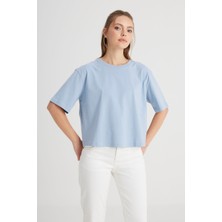 Relaxed Fit Geniş Kesim Bisiklet Yaka %100 Pamuk Mavi Tişört