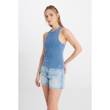 Slim Fit Dar Kesim Bisiklet Yaka Lacivert Bluz