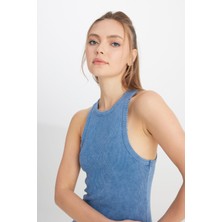 Slim Fit Dar Kesim Bisiklet Yaka Lacivert Bluz