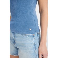 Slim Fit Dar Kesim Bisiklet Yaka Lacivert Bluz