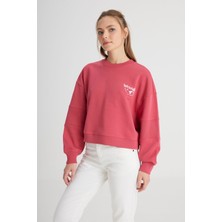 Relaxed Fit Geniş Kesim Bisiklet Yaka %100 Pamuk Bordo Sweatshirt