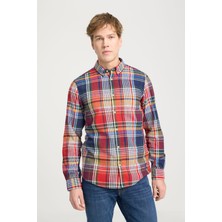 Regular Fit Geniş Kesim %100 Pamuk Çok Renkli Turuncu Gömlek