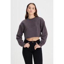 Bisiklet Yaka %100 Pamuk Siyah Crop Sweatshirt