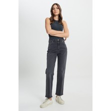 Wrangler Straight Fit Düz Kesim Yüksek Bel Koyu Gri Esnek Mom Jean Kot Pantolon