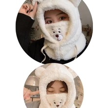 Attach Krem Renk Peluş Ayıcık Balaclava Boyunluklu Bere