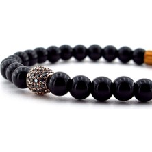 Solfera 6mm Parlak Siyah Oniks Zirkon Süslü Bronz Küre Doğal Taş Kadın Bileklik D0001