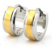 Solfera Sarı Şerit Gümüş Renk 13MM Çaplı Paslanmaz Çelik Halka Erkek Küpe ER107