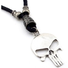 Solfera Punsiher Marvel Metal Uçlu Siyah Gerçek Deri Erkek Kolye Q0677