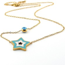 Solfera Nazar Boncuğu Iç Içe Geçmiş Üç Yıldız Sarı Çelik Kadın Kolye Zincir Q0850