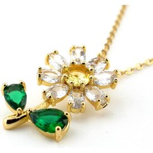 Solfera Yeşil Beyaz Zirkon Taşlı  Papatya Çiçek Çelik Kadın Kolye Zincir Q0848