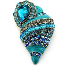 Solfera Büyük Boy Deniz Kabuğu Marin Turkuaz Mavi Zirkon Taşlı Rozet Broş RZ243