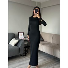 Kadın Siyah Vücuda Oturan Esnek Uzun Kollu Maxi Uzun Kylie Elbise Günlük Basic Uzun Elbise 6335