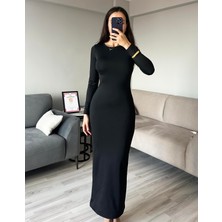 Kadın Siyah Vücuda Oturan Esnek Uzun Kollu Maxi Uzun Kylie Elbise Günlük Basic Uzun Elbise 6335