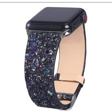 Habilis Apple Watch 1/2/3/4/5/6/7/se/8/9/10/ultra/ultra 2 Uyumlu 38-40-41-42-44-45-46-49MM Payetli Parıltılı Pul Işlemeli Şık Deri Akıllı Saat Kordon