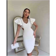 Sahara Moda Kadın Beyaz Kristal Taş Detay Yan Dekolte Nikah Özel Gün Gece Elbisesi Abiye