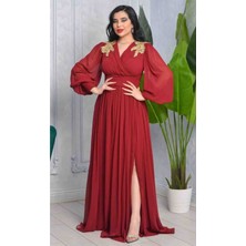Sahara Moda Büyük Beden Bordo Renk Kadın Şifon Elbise Abiye