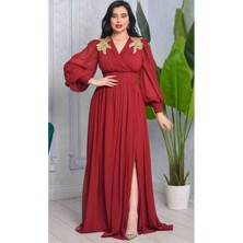Sahara Moda Büyük Beden Bordo Renk Kadın Şifon Elbise Abiye