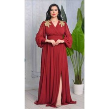 Sahara Moda Büyük Beden Bordo Renk Kadın Şifon Elbise Abiye