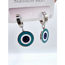 Stainless Steel Büyük Nazar Boncuklu Sallantılı Çelik Küpe