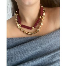 Nice Boutique Tasarım Bordo Gold Detaylı Kolye